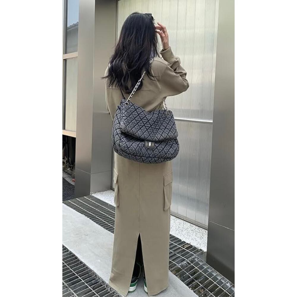 Quilted Denim Chain Strap Shoulder Bag | Y2K Soft Girl Denim Tote Purse